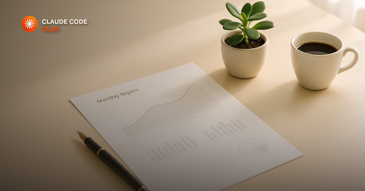 A clean bright desk with a printed monthly report on crisp paper, a fountain pen, a small potted plant, and a coffee cup in soft airy morning window light, minimal and professional