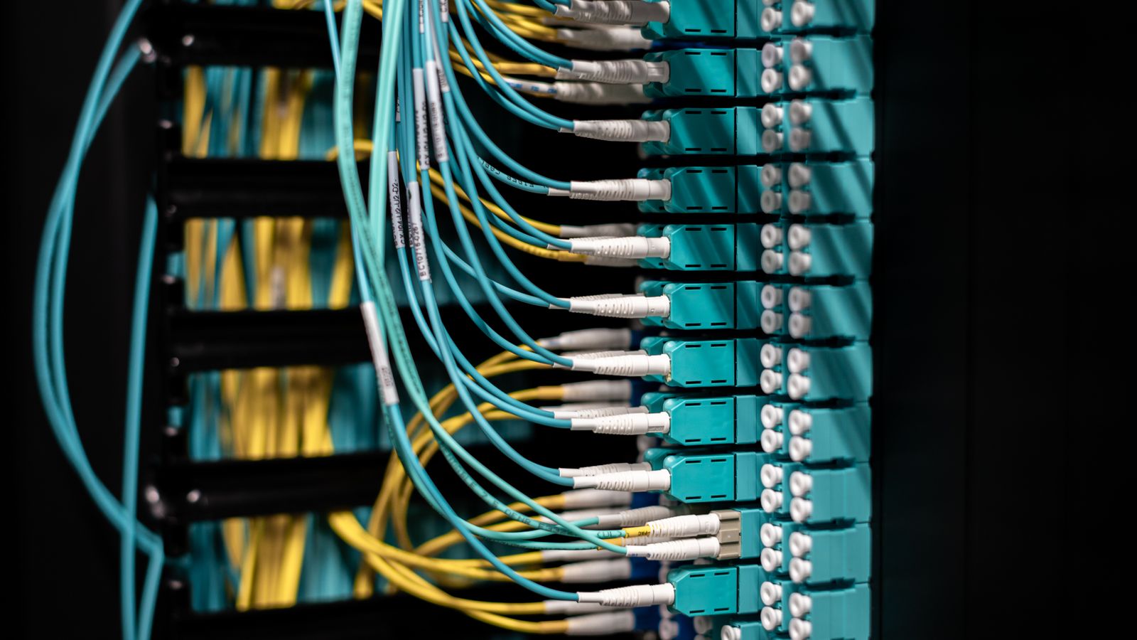 A fiber-optic patch panel with many connectors plugged in, representing tools connected together