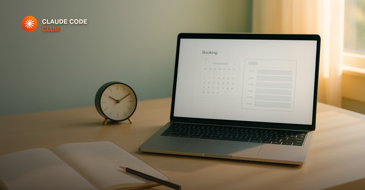 A minimal bright home studio desk with a laptop showing a clean calendar booking interface with open time slots, a small analog desk clock, an open planner with penciled appointment blocks, warm morning window light, soft teal and amber tones