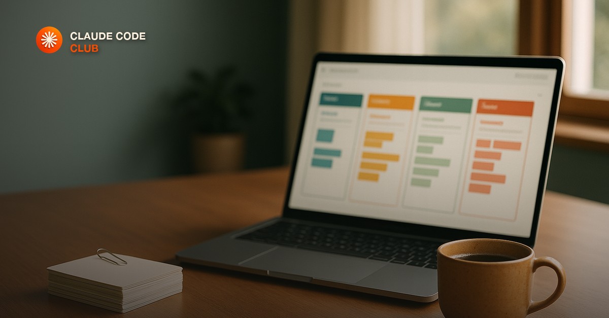 A tidy home office desk with a laptop showing a clean customer pipeline board with colored columns and cards, a stack of index cards with a paper clip, a warm cup of coffee, soft morning window light, muted teal and amber tones