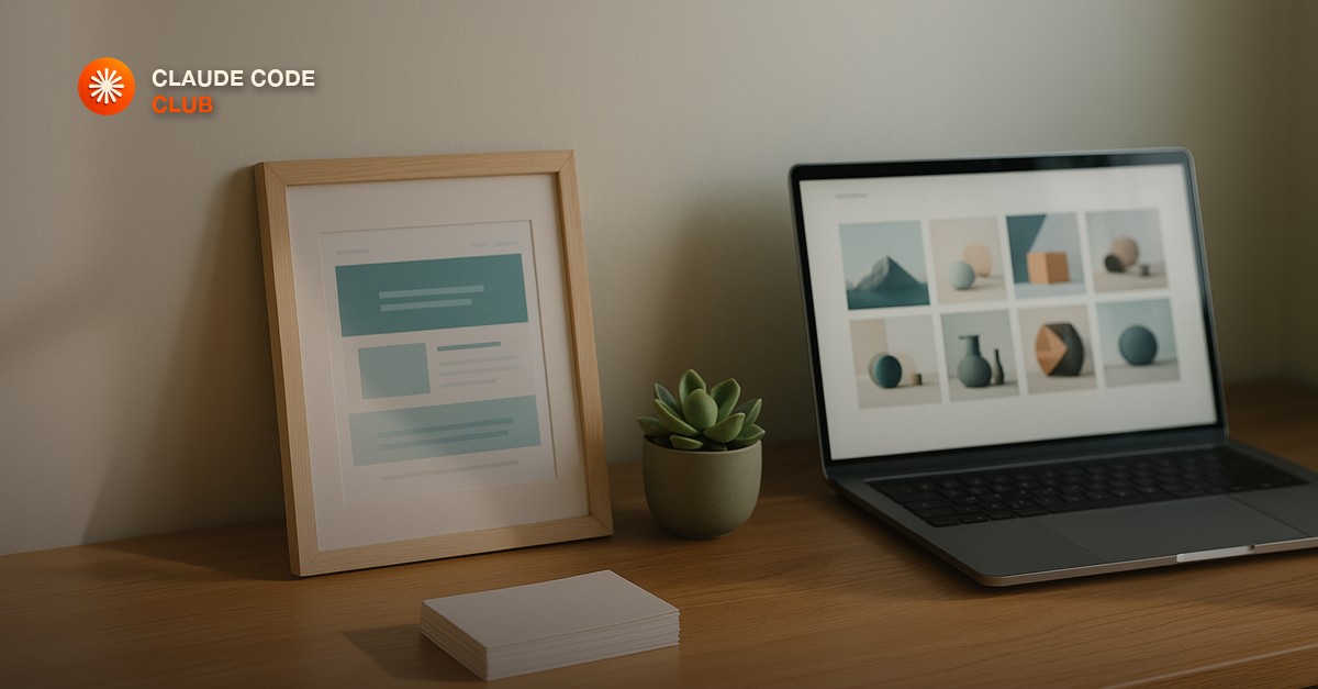 A clean wooden desk with a framed printed screenshot of a live website, a neat stack of index cards, a small succulent, and a laptop open to a portfolio grid, warm morning light from the left, soft teal accents