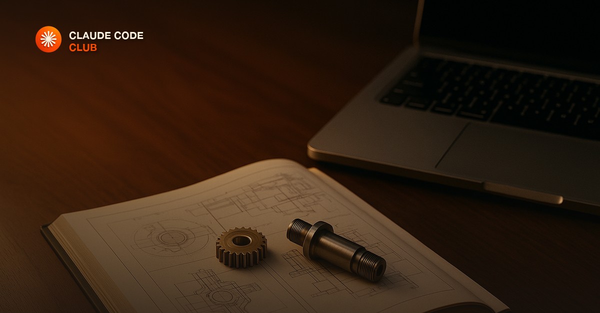 A single brass gear and a machined metal component resting on an open technical manual beside a laptop on a dark walnut desk
