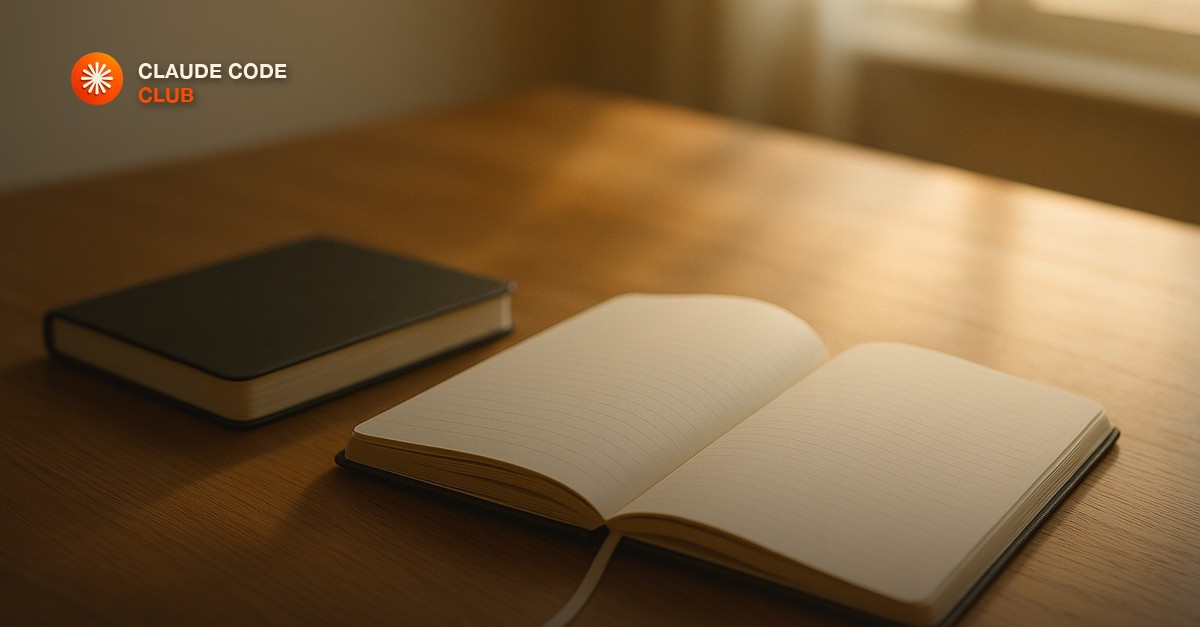 Two notebooks side by side on a warm oak desk, one closed and one open with a ribbon bookmark, in soft morning window light