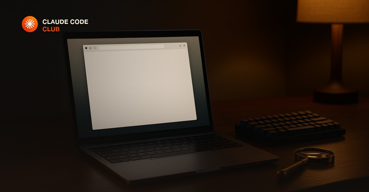 A modern laptop on a dark walnut desk showing a blank glowing browser window, a small brass magnifying glass and a mechanical keyboard beside it, moody evening light from a warm desk lamp