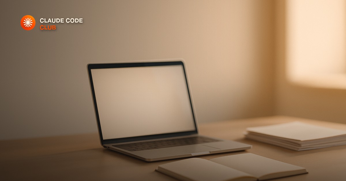 A clean minimalist desk with an open laptop, a fresh empty notebook, and papers being cleared away in warm morning light, a calm sense of a reset workspace