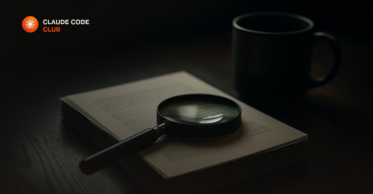 A magnifying glass resting on a thick stack of printed pages beside a ceramic mug on a dark wooden desk