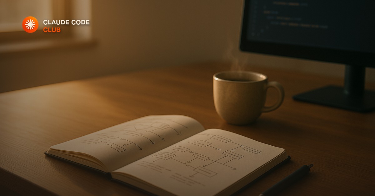A tidy wooden desk at morning with an open notebook filled with handwritten diagrams and arrows, a mechanical pencil, a ceramic coffee cup with steam, and a single glowing monitor, warm golden editorial light
