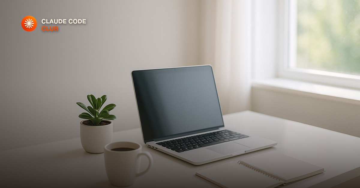 A tidy home desk in bright morning light with an open laptop, a small potted plant, a fresh coffee mug and a clean notebook.