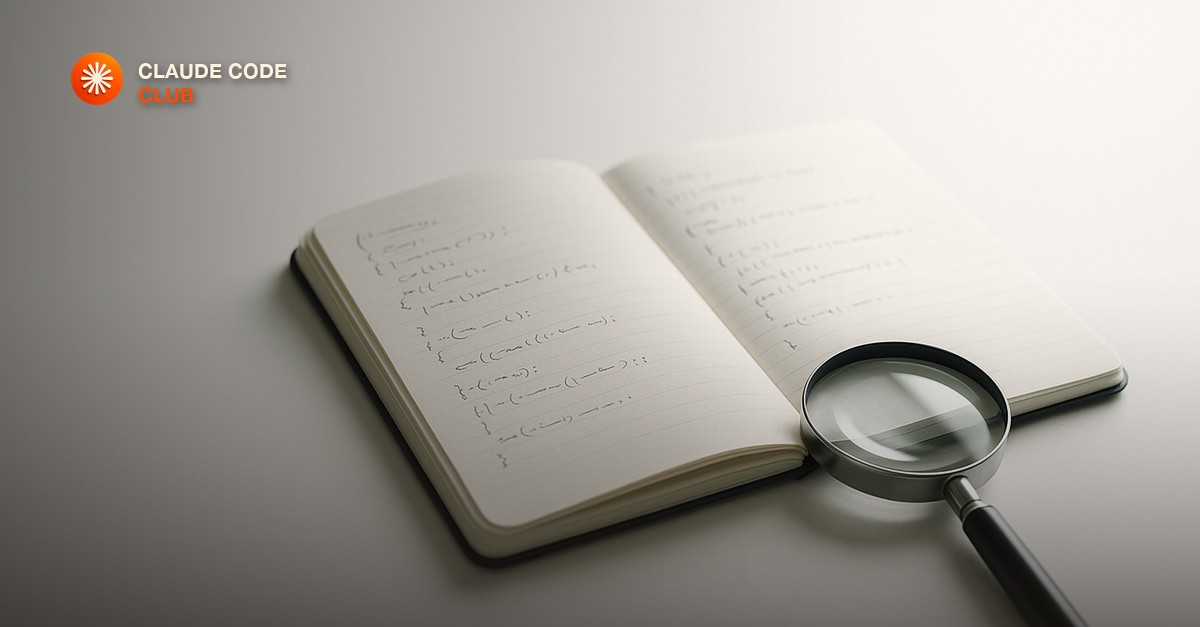 A magnifying glass resting over an open notebook with handwritten code notes on a clean white desk
