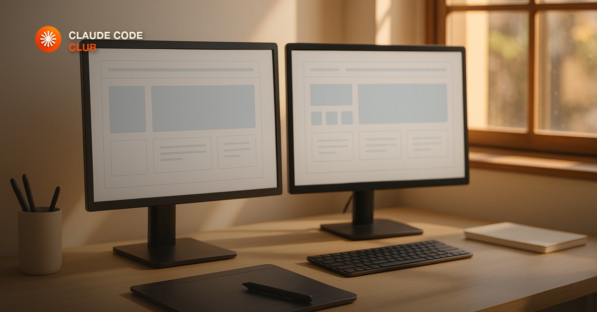 A designer's desk with two monitors showing side-by-side wireframe layout options, a stylus resting on a drawing tablet, warm afternoon light