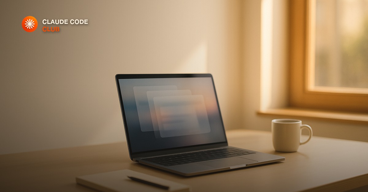 A clean modern workspace with a laptop showing layered application windows, soft daylight, minimal desk setup