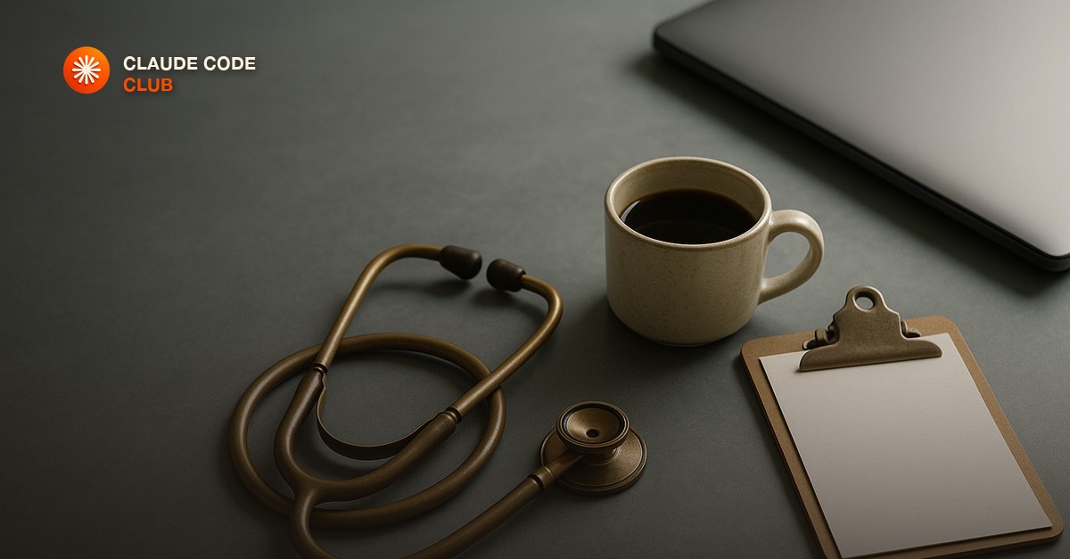 A brass stethoscope coiled on a slate-grey desk next to a mug of black coffee, a blank clipboard and the edge of a closed laptop, in soft overcast light