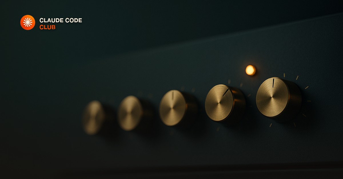 Five brass dial knobs in a row on a dark charcoal control panel, each turned to a different position, one small amber indicator lamp lit, moody studio light with shallow depth of field