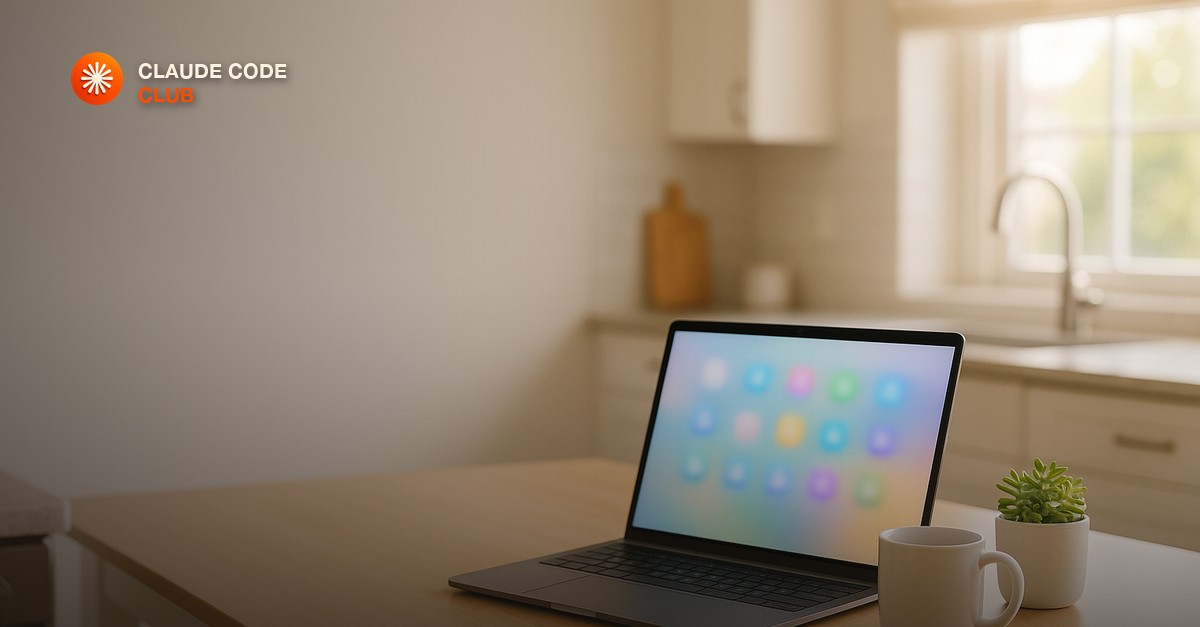 A bright kitchen table at morning with an open laptop showing a soft blurred colorful app interface, a coffee mug and a small potted plant, warm window light
