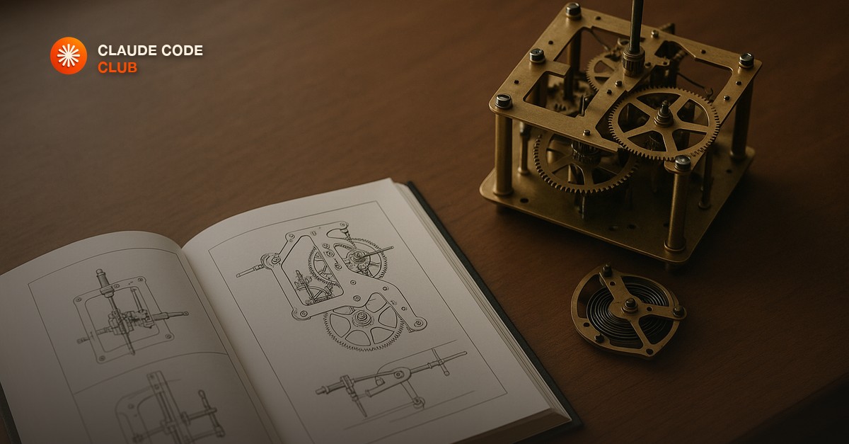 An open technical manual beside a partly disassembled brass clock on a walnut desk, in soft window light