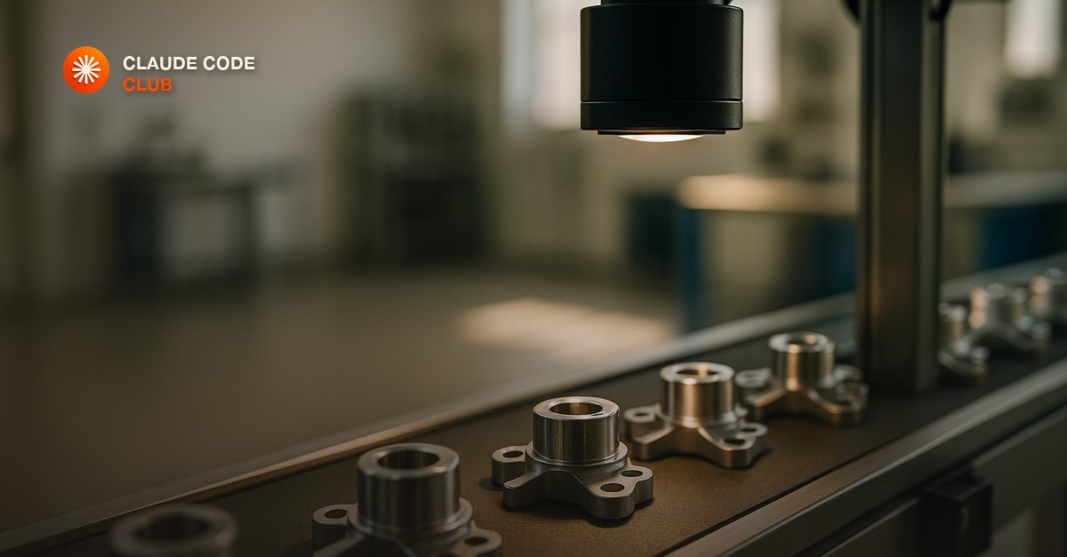 An automated conveyor belt carrying identical machined parts past a single inspection station in a clean industrial workshop