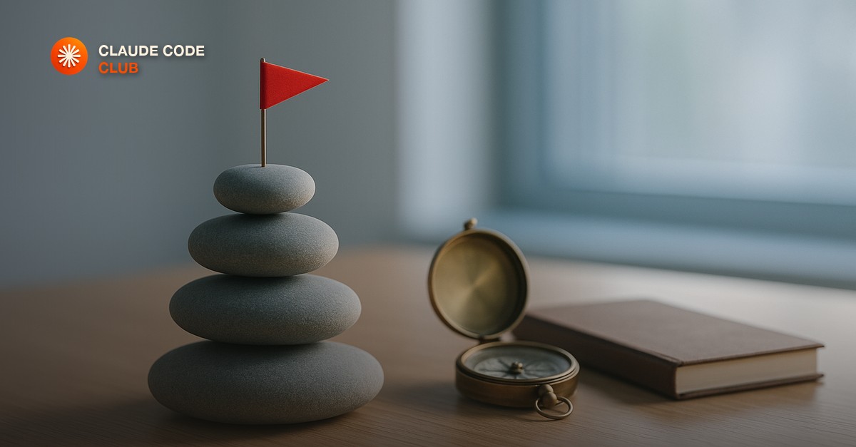 A small red flag planted at the top of a stack of smooth grey stones on a wooden desk, beside a brass compass and a closed notebook, in cool morning light