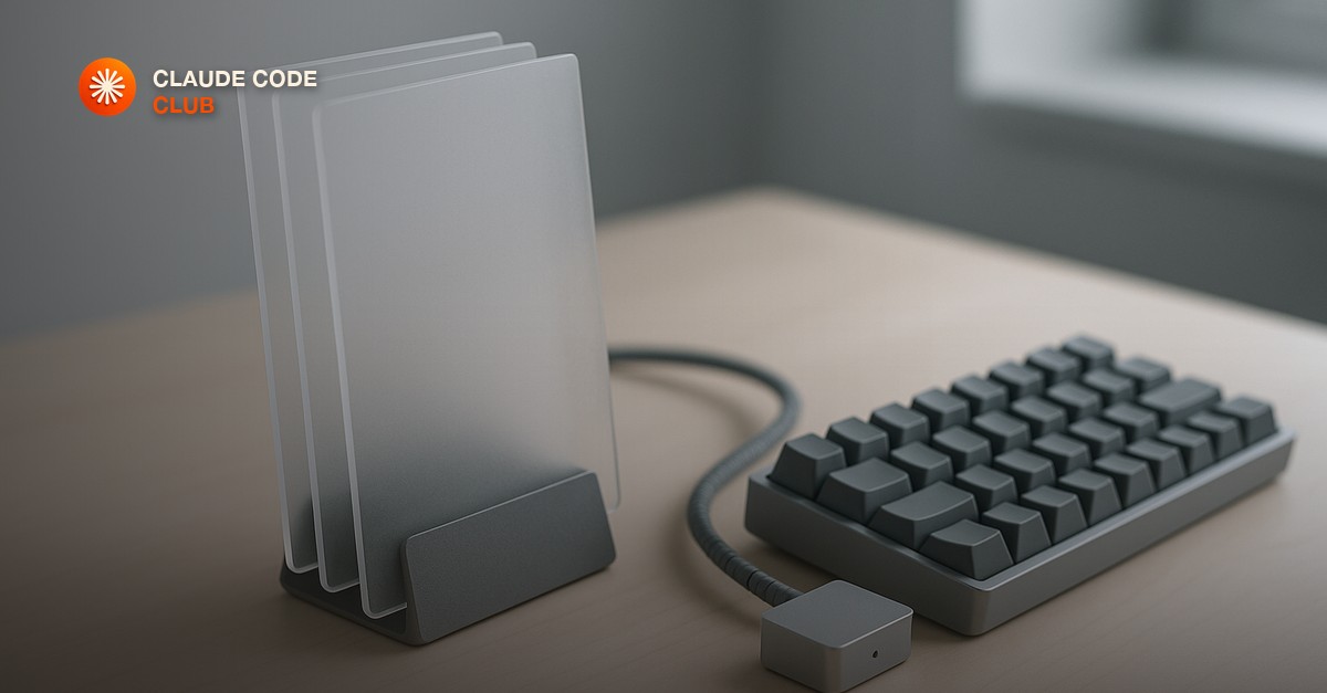 Frosted glass panels standing in a metal desk stand beside a blank-keycap keyboard and a small aluminium enclosure