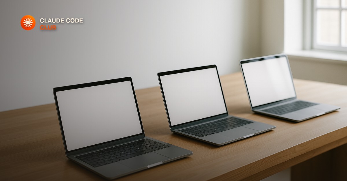 Two laptops side-by-side on a dark walnut desk glowing with blurred interfaces in dramatic lighting