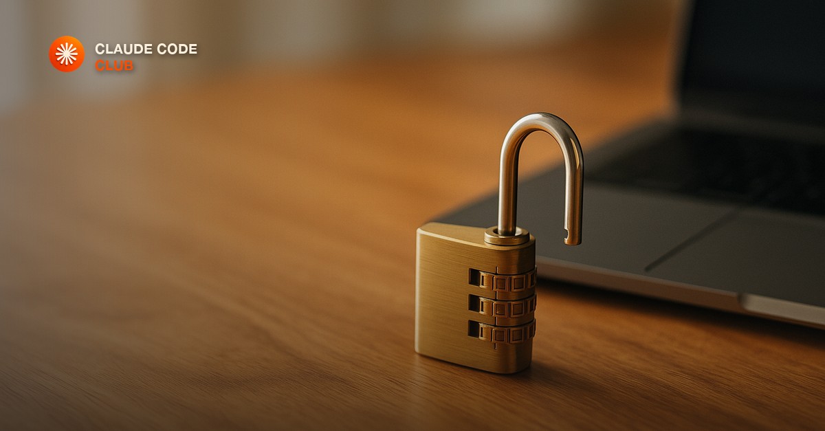 A brass combination padlock resting open on a warm wooden desk beside a closed laptop in soft daylight