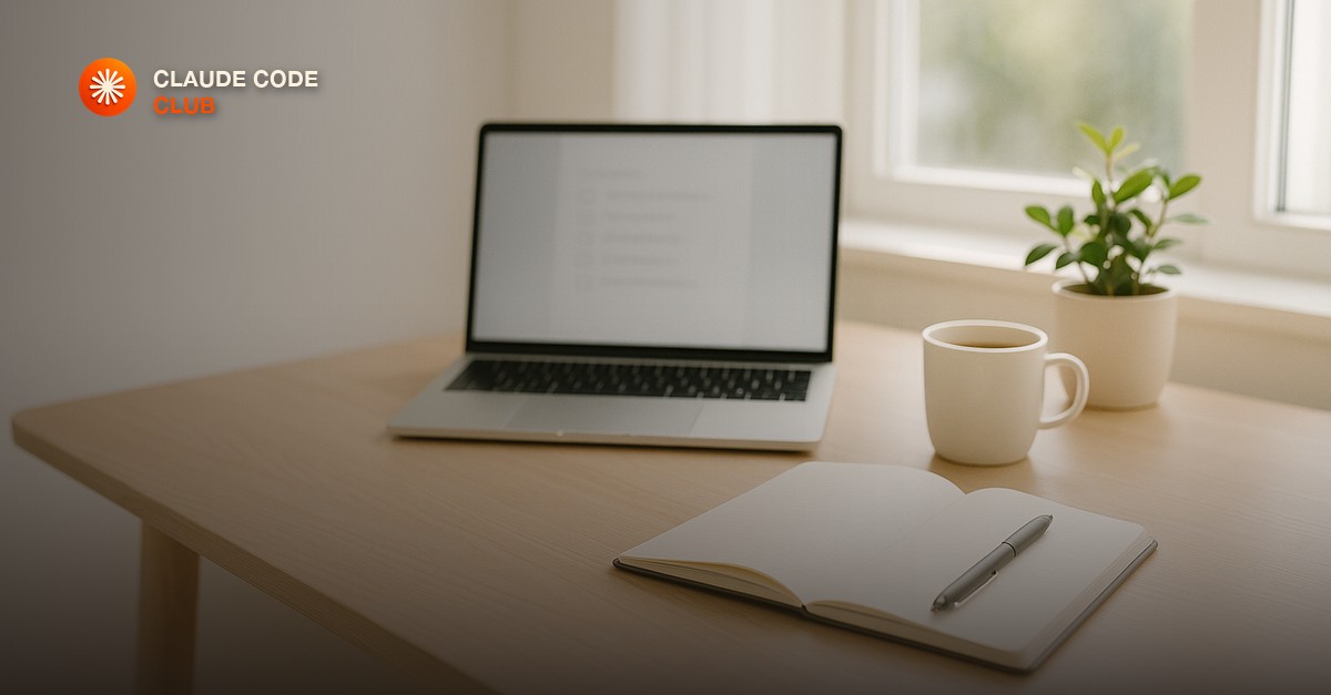 A clean desk with a laptop showing a planning outline, a notebook and a coffee in soft morning light