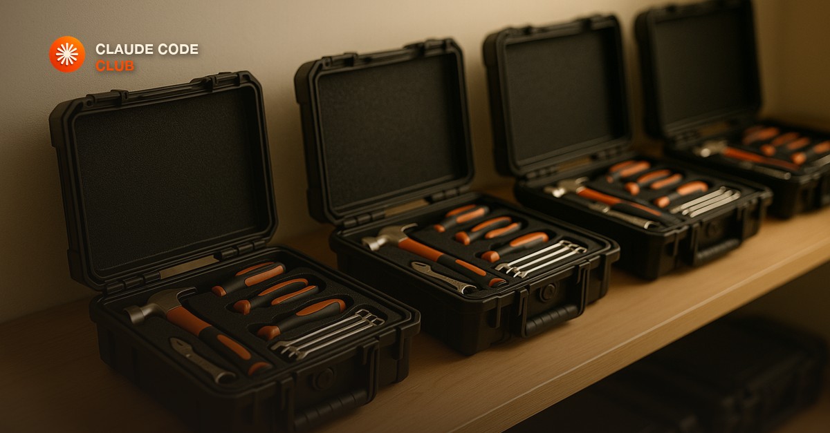 Several identical modular toolboxes lined up on a shelf, each with the same tools arranged inside, in clean warm light