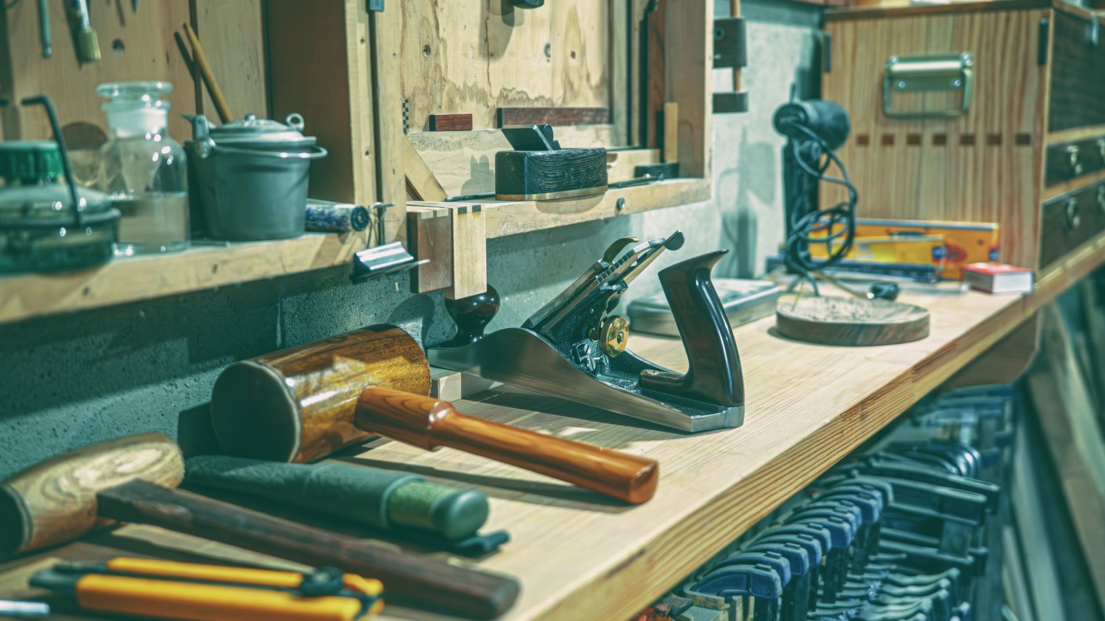 A warm, well-organized woodworking bench with a hand plane, mallet, and clamps ready to build