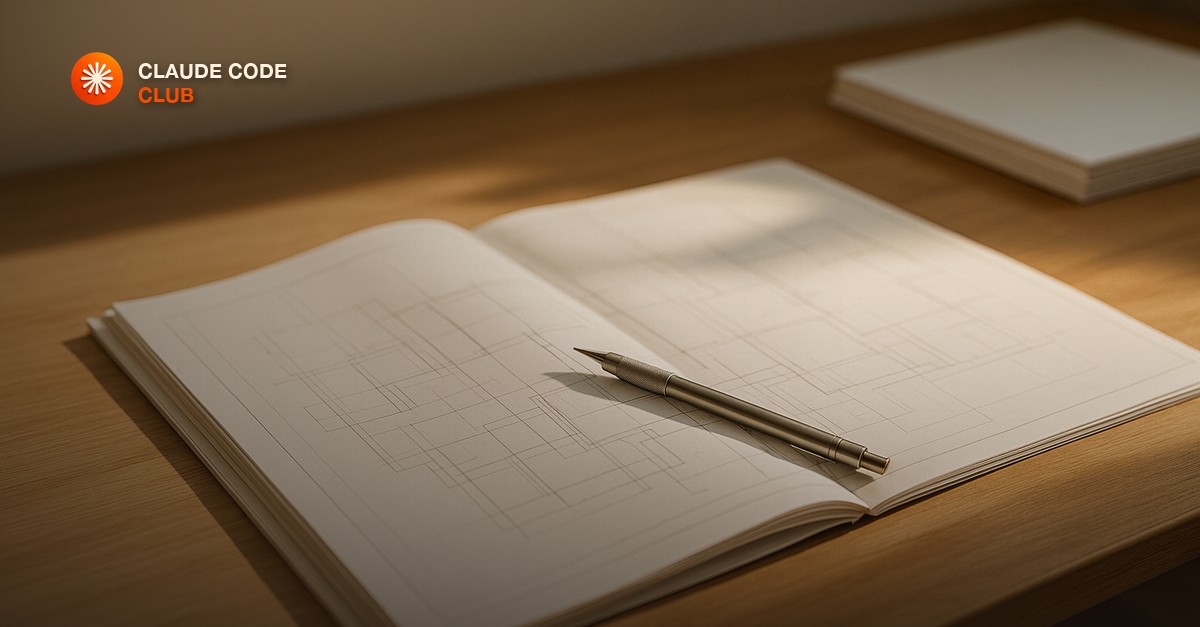 A tidy wooden desk with a stack of clean white blueprint papers spread open, a mechanical pencil resting across them, soft afternoon sunlight casting gentle shadows, minimal studio workspace