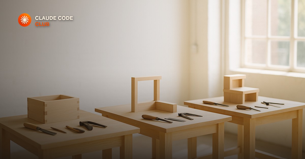 Three identical clean wooden workbenches side by side in a sunlit workshop, each holding a slightly different partially assembled wooden object with hand tools laid out.