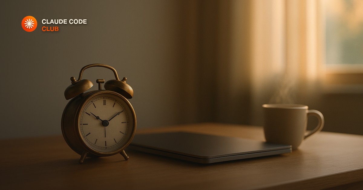 A vintage brass alarm clock beside a sleek closed laptop on a tidy oak desk, soft dawn light through a window, a steaming ceramic mug, shallow depth of field