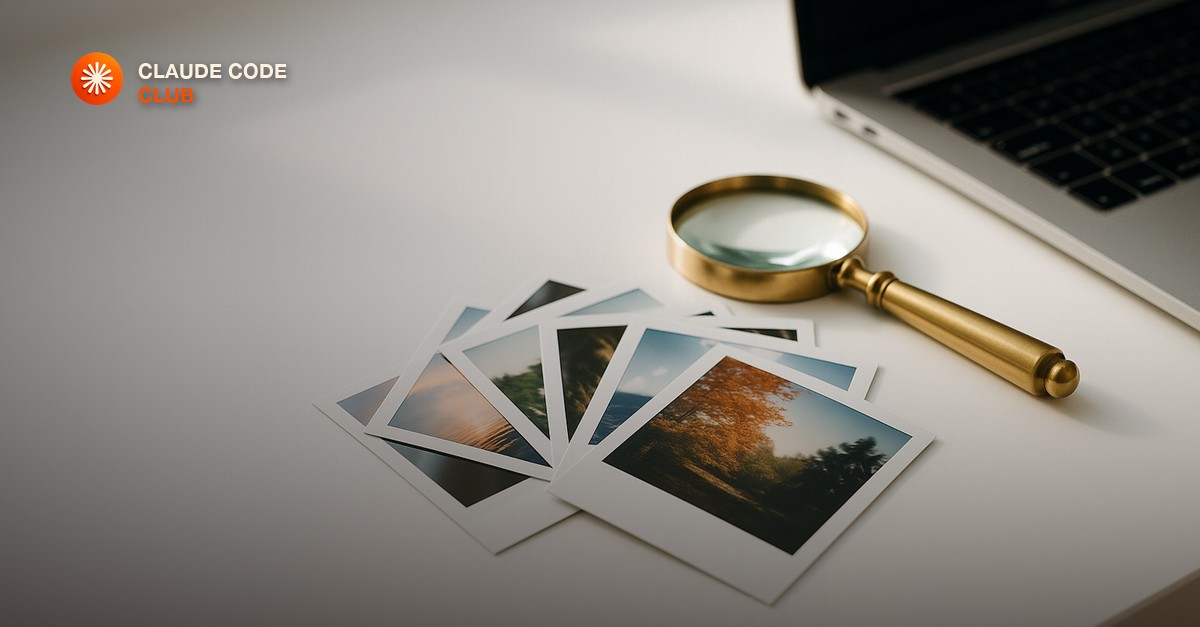 A fan of glossy instant photo prints spread beside a brass magnifying glass on a bright white desk next to an open laptop
