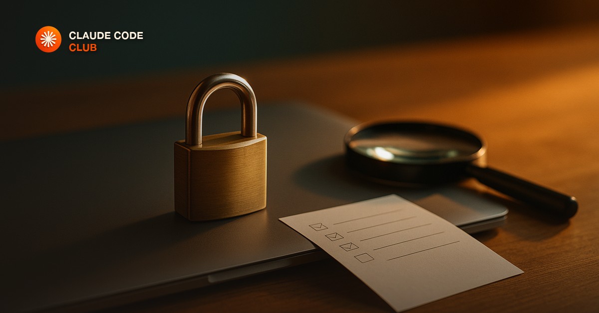 A sturdy brass padlock resting on a closed laptop beside a magnifying glass and a short printed checklist, in warm late-afternoon desk light