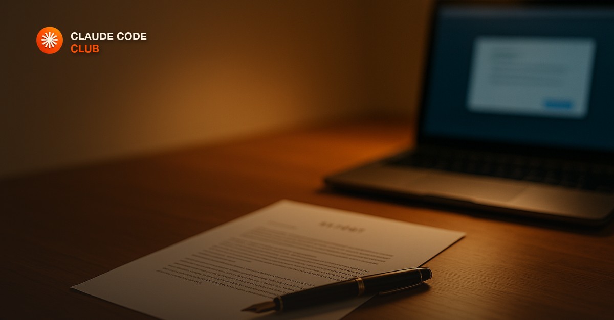 A single typed report page on a wooden desk beside a laptop showing a soft blurred review dialog, a pen resting on the page, warm lamp light