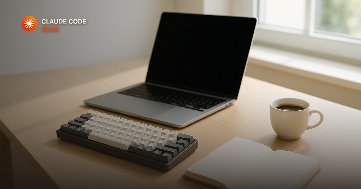 A tidy desk with a laptop, a mechanical keyboard and a notebook in bright daylight, suggesting fast repeatable work