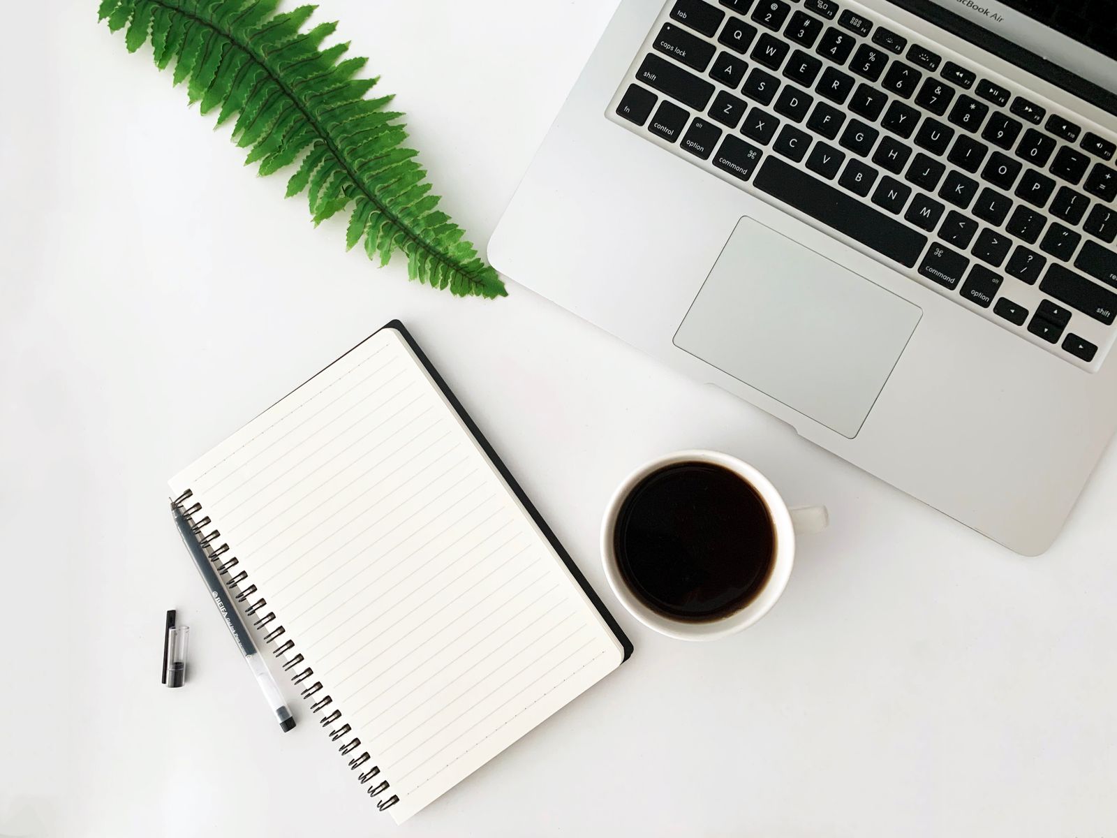 A MacBook, an open blank notebook, a pen, a cup of black coffee, and a fern leaf on a clean white desk.