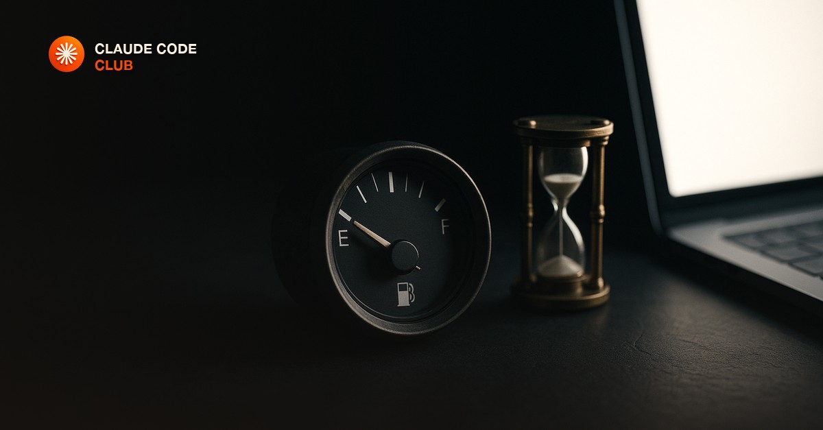 A close-up of an analog fuel gauge and a small brass hourglass on a dark slate desk beside a single glowing laptop screen, moody cinematic side light with deep shadows and shallow depth of field