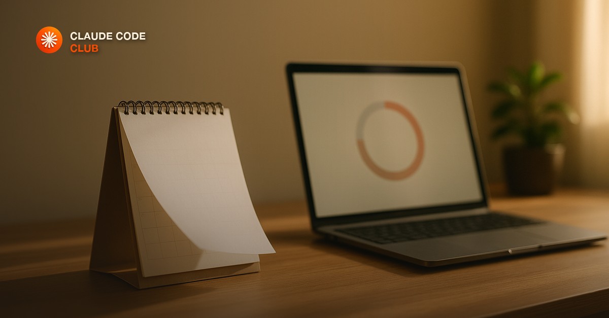 A desk calendar mid-page-turn beside a laptop showing a usage-gauge dial, warm late-afternoon light.