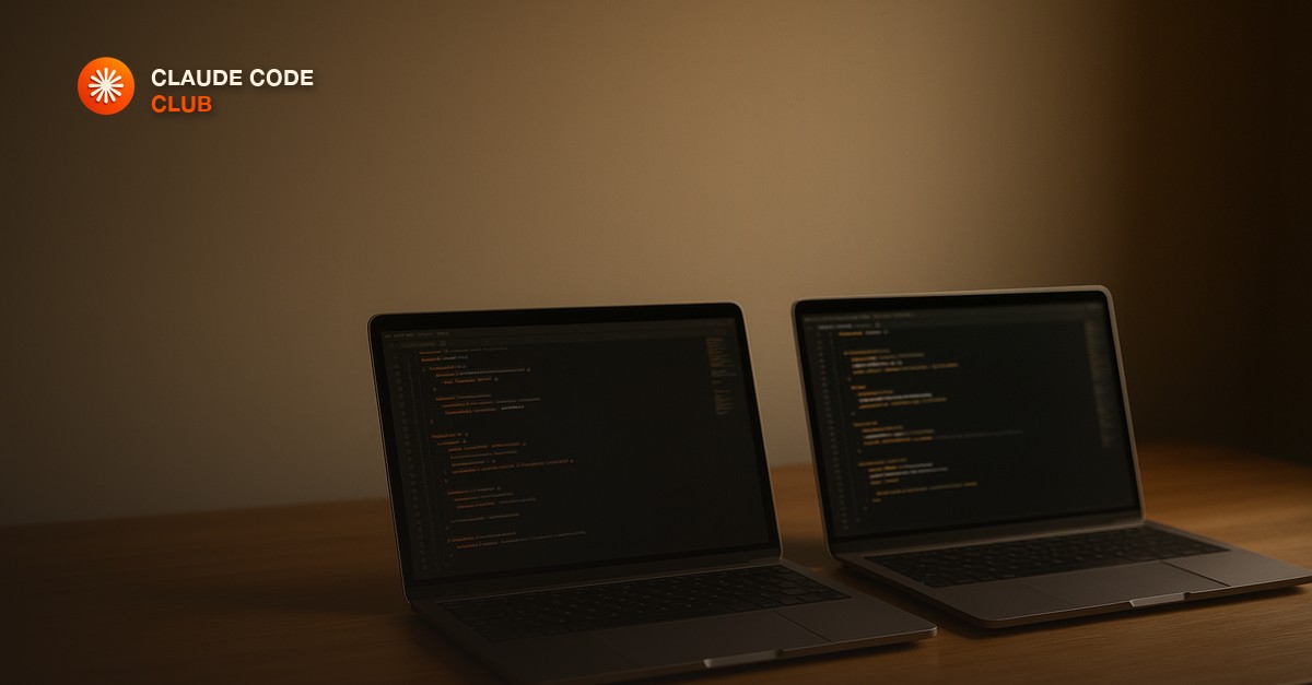 Two open laptops side by side on a clean wooden desk with code visible on both screens, warm ambient light