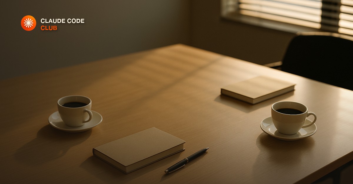 An empty conference table set with two closed notebooks, a pen, and two cups of coffee in morning light