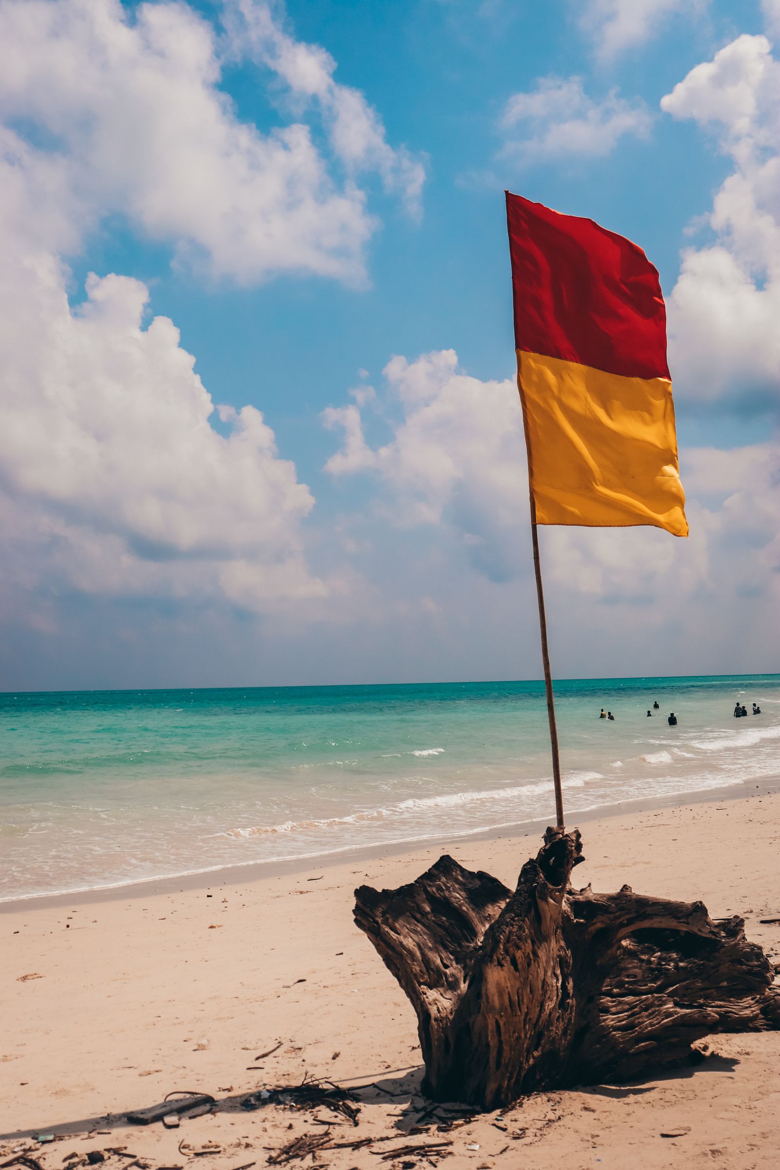 A red and yellow warning flag on a pole planted in driftwood on a beach, with the sea behind it.