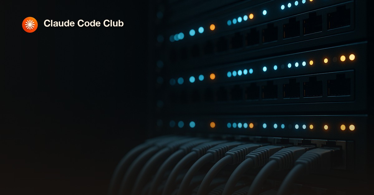 A close-up of a server rack with network cables and blue indicator lights in a dim data aisle, representing a database Claude Code connects to