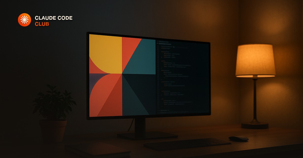 A designer's desk at dusk with a monitor split between a colorful design canvas and a dark code editor, warm lamp light, no people visible