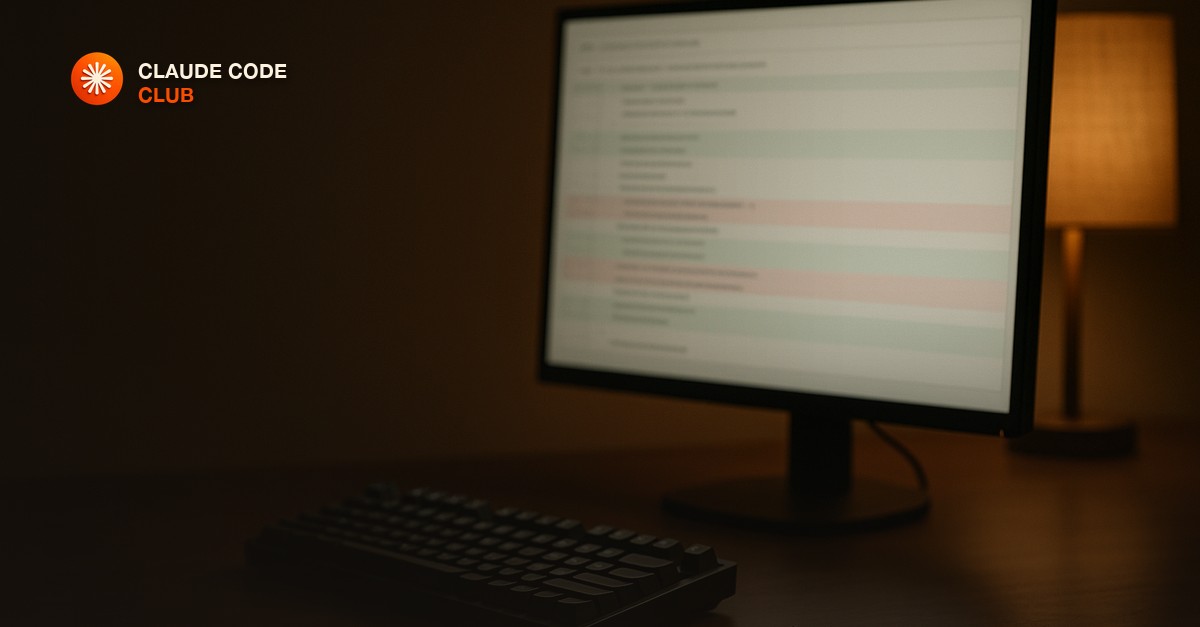 A single monitor in a dim home office showing a soft pull-request diff with muted green and red line markers, a mechanical keyboard and a small branch-shaped keychain resting on the desk, warm evening light