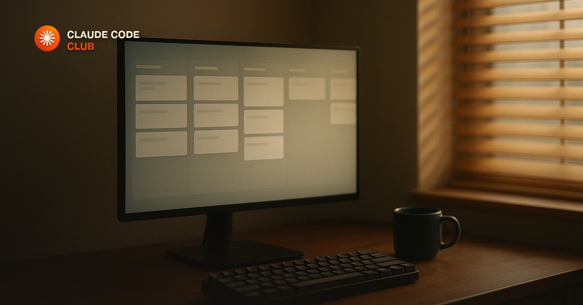 A desk setup with a monitor showing a kanban-style board, a keyboard, and a ceramic mug in warm morning light.