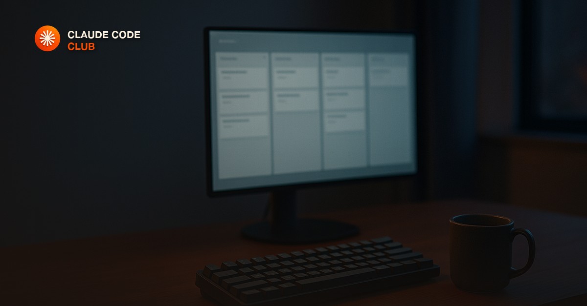 A single monitor glowing in a dim home office showing pale kanban-style issue columns, a mechanical keyboard and a cold mug of coffee on the desk