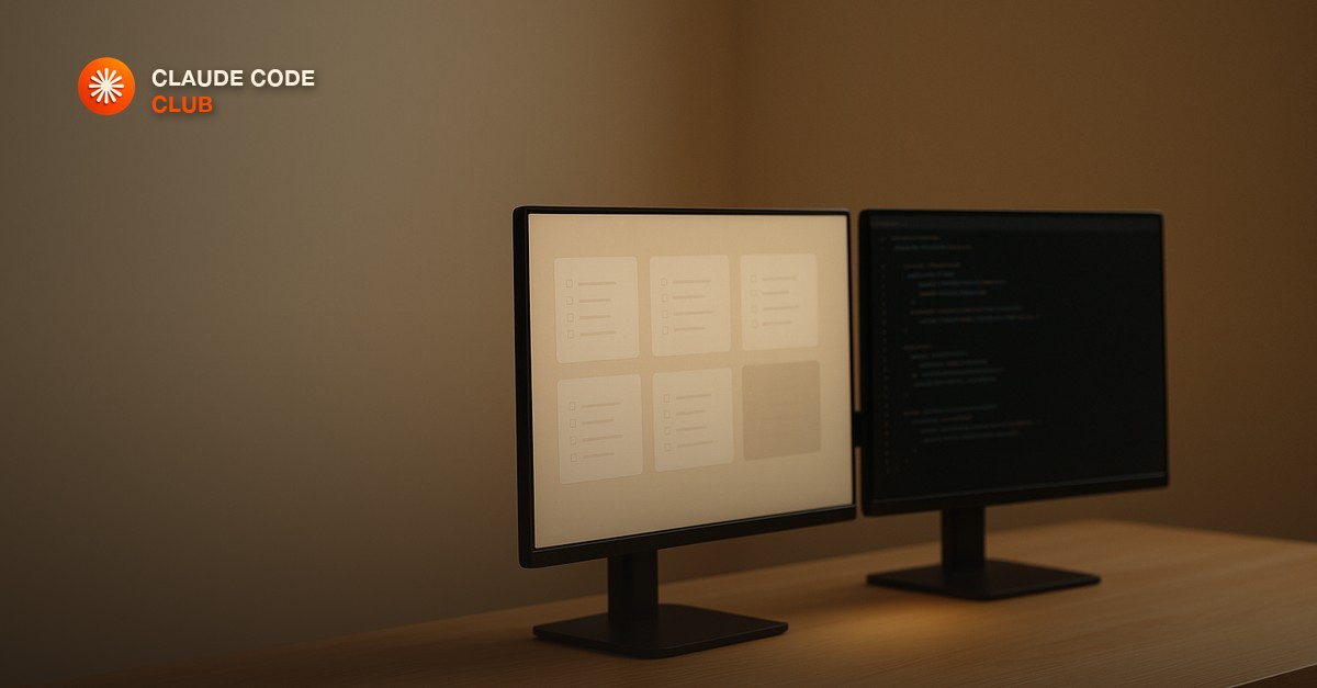 Two monitors glowing on a wooden desk at dusk, one showing pale note cards and the other a dark code editor