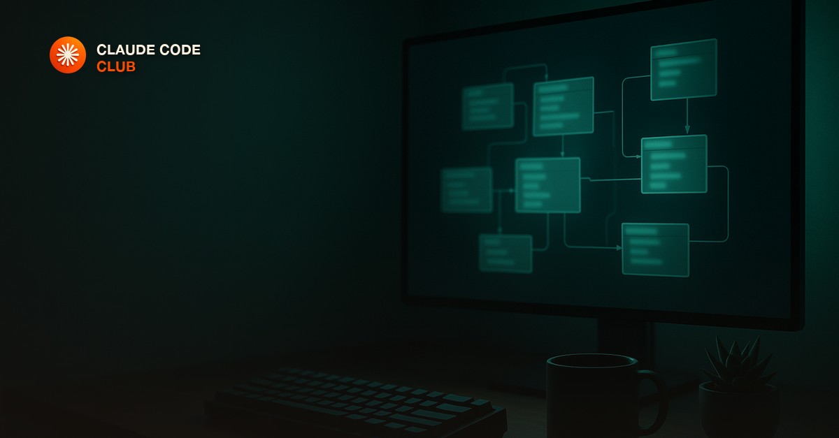 A dim home office at night with one glowing monitor showing a softly blurred green database schema, a mechanical keyboard, a small succulent and a cold ceramic mug on a wooden desk, cinematic teal-green light