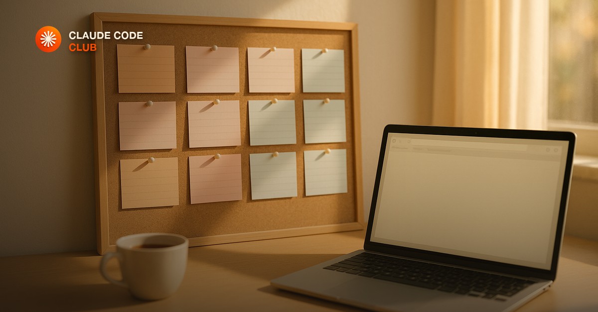 A small corkboard with three columns of pastel index cards beside a laptop showing a soft muted browser window, warm afternoon desk light