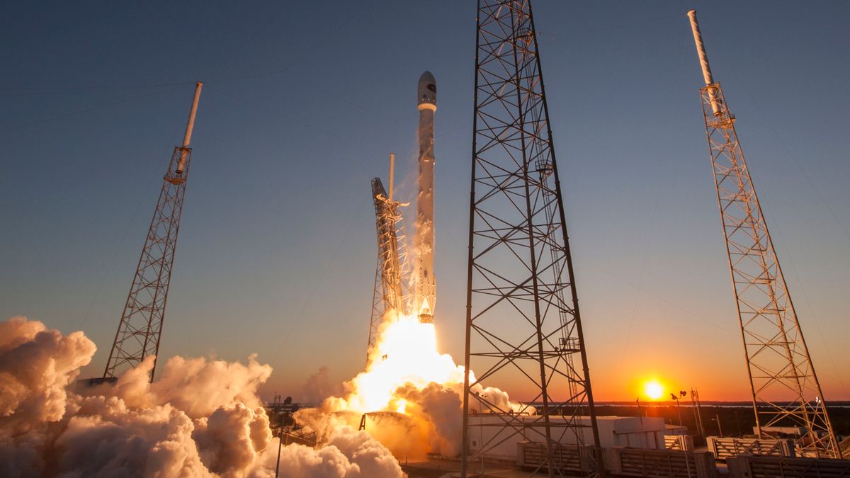 A rocket lifting off at sunset, representing SpaceX's move into AI coding with its acquisition of Cursor