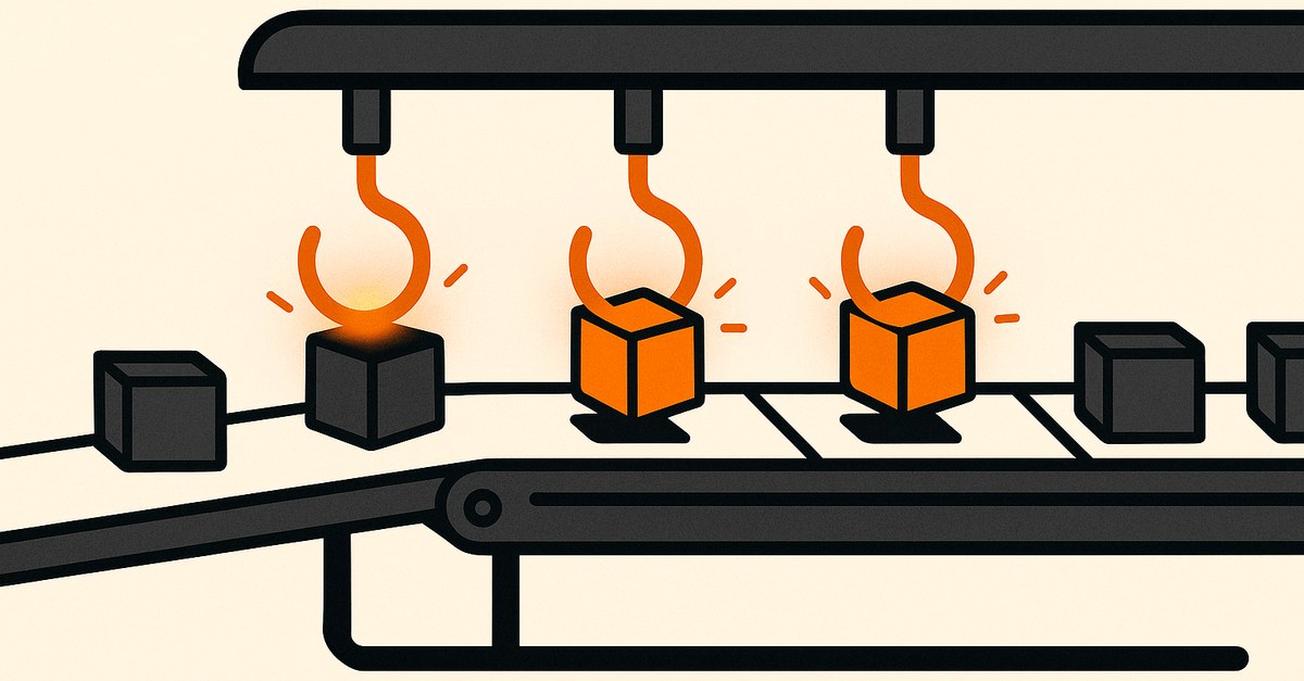 A branded illustration of an automated pipeline where hook shapes catch and process blocks on a conveyor - Claude Code hooks firing on every action